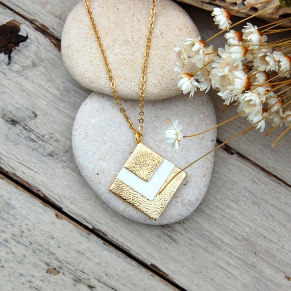 Pendentif Carré Géométrique 'Sayagata' Fait Main - Motifs Dorés Sur Fond Blanc Verre