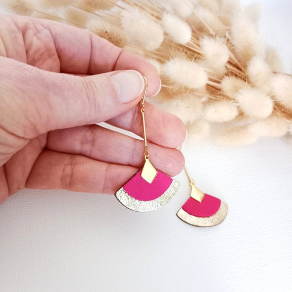 Boucles d'oreilles éventail en cuir rose fushia  et  doré - Plaqué or - Bijoux pour femme, cadeaux mariage, cadeau fête des mères - Agatiz