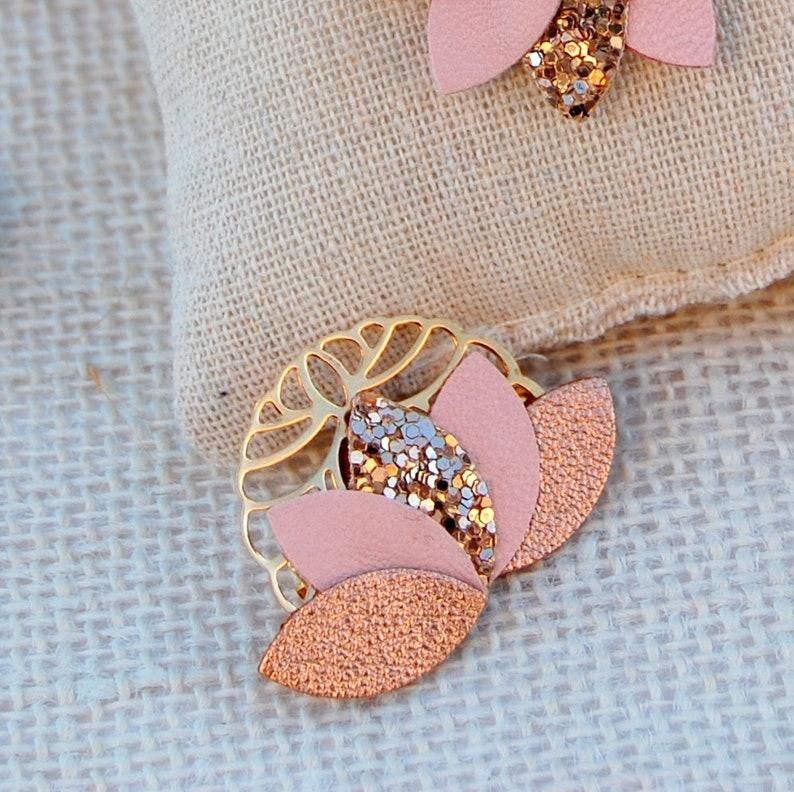Lotus flower brooches in leather and pink gold and pastel pink sequins Women's jewelry Wedding witness gifts AGATIZ image 1