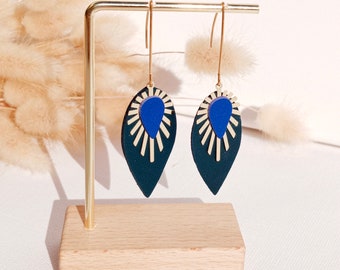 Soélie earrings in duck blue leather, royal blue, golden sleepers - Jewelry for women, wedding, ceremony, mother's day - Agatiz