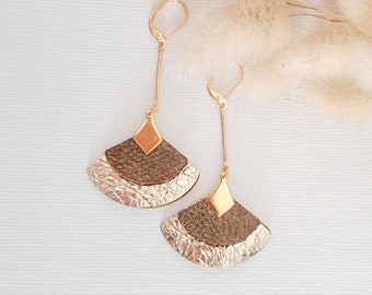 Boucles d'oreilles éventail en cuir bronze et  doré - Plaqué or - Bijoux pour femme, cadeaux mariage, cadeau fête des mères - Agatiz