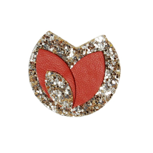 Broche en  cuir véritable corail et paillettes dore -  Bijoux femme - Cadeaux Noël - AGATIZ -