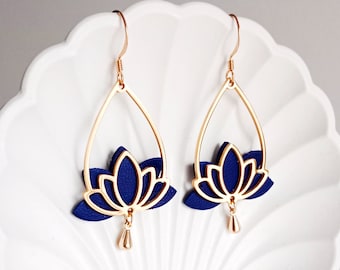 Lotus drop earrings in royal blue leather - Gold-plated ear hooks - Gift idea - Women's jewelry, wedding, Christmas - Agatiz