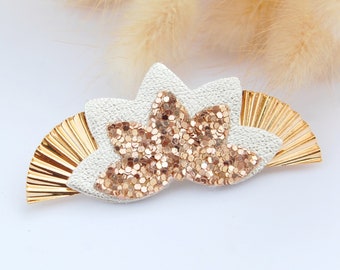 Broche cuir fleur de lotus éventail blanc métallisé, paillettes or rose - Bijoux femme - Idée cadeau fête, mariage, cérémonie  - AGATIZ -