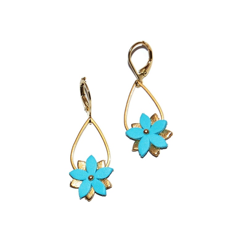 FRIDA Drops Earrings flowers turquoise leather and gold Gift idea for women Artisanal creation Agatiz image 2