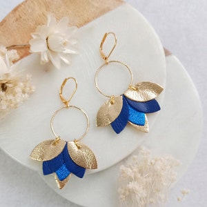 Mya earrings in navy electric blue leather and gold, gold plated jewelry - Women's jewelry - Handcrafted creation - Agatiz