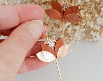 Terracotta, rose gold and glitter lotus leather earrings - Gold-plated jewelry - Handmade creation - Christmas gifts for women - Agatiz