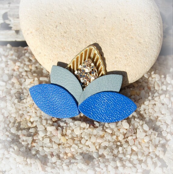 Lotus Flower Leather Brooch Blue Gray Leather Electric Blue and