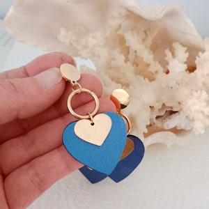 Love heart earrings in metallic blue leather Women's jewelry Wedding gift, parties, Christmas jewelry, Valentine's Day, leather wedding AGATIZ image 2