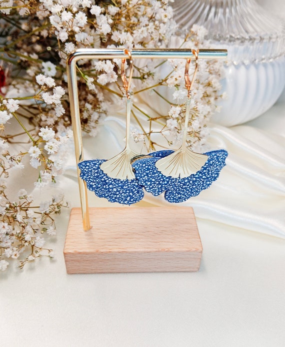 Ginkgo Biloba Earrings in Sequined and Gold-plated Denim Blue - Etsy