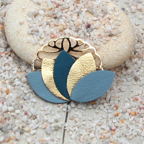 Broche cuir fleur de lotus bleu gris, bleu canard et or - Bijoux femme - Cadeaux mariage, cadeaux femme,  fêtes des mères - AGATIZ -