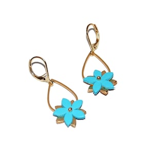 FRIDA Drops Earrings flowers turquoise leather and gold Gift idea for women Artisanal creation Agatiz image 1
