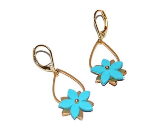 FRIDA Drops -Earrings flowers turquoise leather and gold - Gift idea for women - Artisanal creation - Agatiz