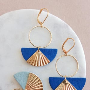 Aiko royal blue and gold half-moon leather earrings, boho chic jewelry, Valentine&#39;s Day, wedding witness, gift for her - Agatiz