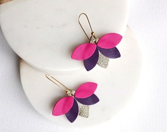 Boucles d'oreilles Juliette en cuir rose fucshia violet et doré Bijoux pour femme cadeaux mariage, cadeau fêtes - Agatiz