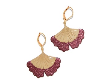 Ginkgo biloba earrings in metallic burgundy leather and gold plated - Gift idea - Artisanal creation - Agatiz