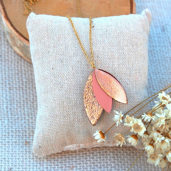 Rose Gold and Powder Pink Petal Leather Necklace Women s Jewelry