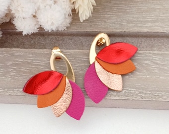 Grace earrings genuine leather Red orange leather pink gold and fuchsia pink - Wedding ceremony jewelry mother's day witness - Agatiz