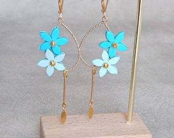 Boucles d'oreilles fleurs cuir turquoise bleu clair - Pâquerettes Boucles oreilles gouttes plaqué or Bijoux mariage, fêtes des mères Agatiz