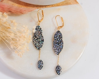 Boucles d'oreilles LUX pampille cuir véritable noir paillettes holographique-  Bijoux original Cadeau femme, cérémonie, bijoux Noël  Agatiz