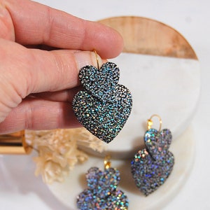 Boucles d'oreilles LUX coeur cuir véritable noir paillettes holographique Bijoux original Cadeau femme, cérémonie, bijoux Noël Agatiz image 1