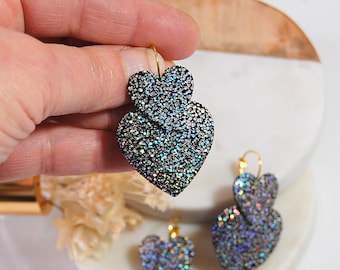 Boucles d'oreilles LUX coeur cuir véritable noir paillettes holographique-  Bijoux original Cadeau femme, cérémonie, bijoux Noël  Agatiz