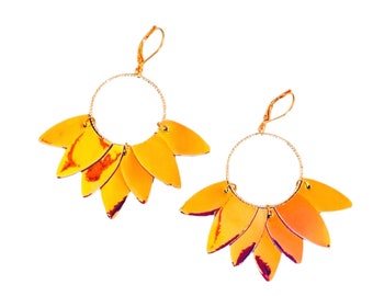 Boucles d'oreilles Palme cuir Bijoux cuir orange miroir holographique  Bijoux cuir polorisé Bijoux mariage, cérémonie, fête des mères Agatiz