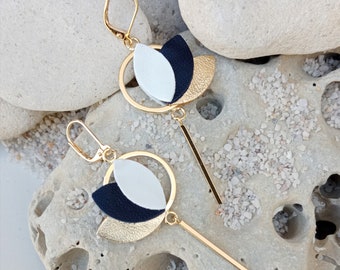 Mini lotus leather earrings in gold, navy blue, white, and gold plated - artisanal creation - Gift idea for women - Agatiz