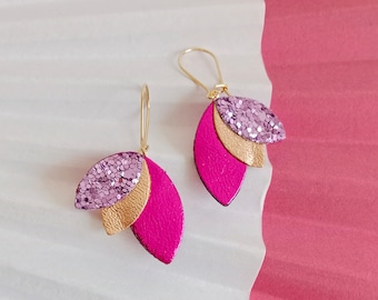 Boucles d'oreilles Harmonie cuir doré rose fuchsia métallisé or rose paillettes violette Cadeau femme, bijoux mariage, cérémonie - Agatiz