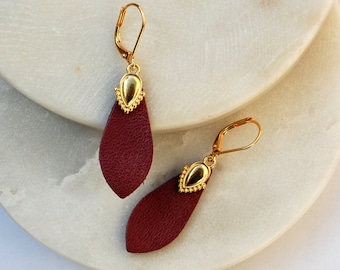 Ysé earrings in burgundy and gold-plated leather - Ethnic chic jewelry - Christmas jewelry gift idea - Handcrafted creation - Agatiz