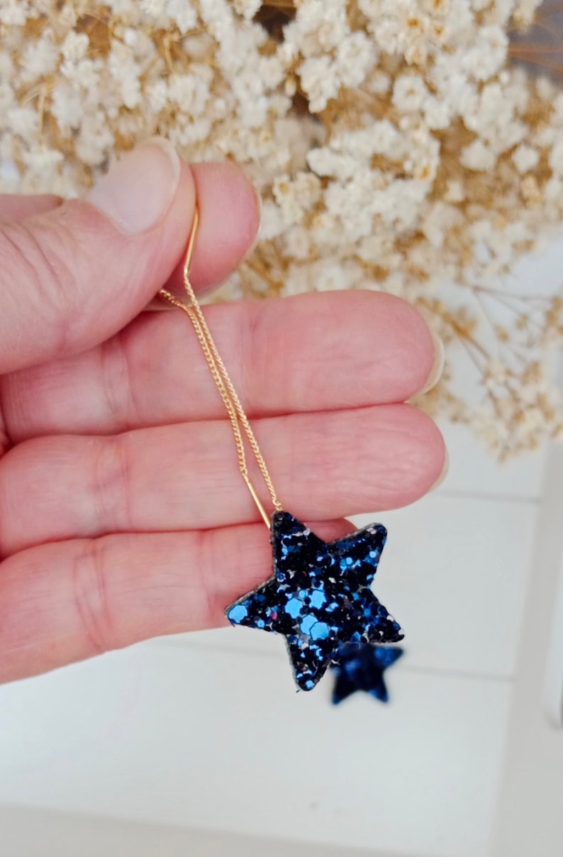 Star earrings with gold thread and blue glitter and gold leather Jewelry for women, wedding gifts, witness gifts, ceremonies Agatiz image 2