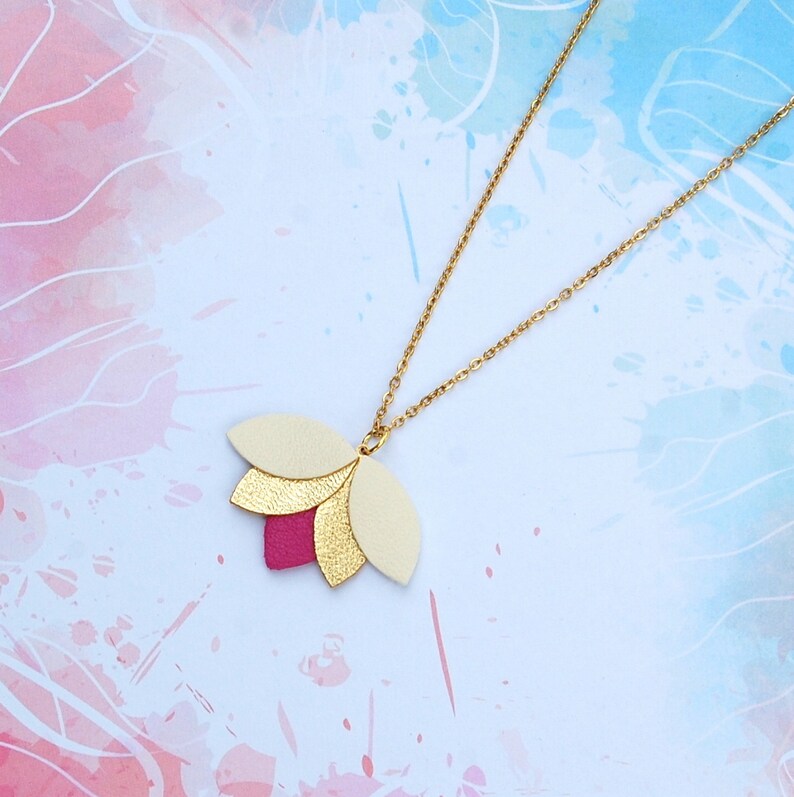 Gift Idea fuschia and gold rose White lotus flower leather necklace AGATIZ Women/'s Jewelry