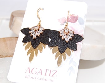 Laora earrings in black leather and crystal, gold-plated jewelry - handcrafted creation - Women's gift idea - Agatiz