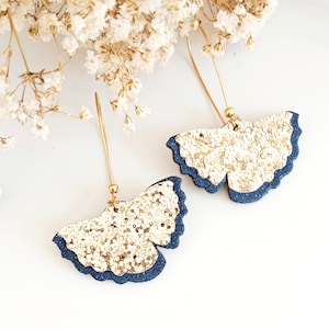 Ginkgo biloba earrings in blue gold glitter leather - Gift idea for women - Party jewelry, ceremony, wedding, witness - Agatiz