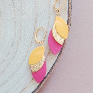 Harmonie earrings genuine leather pink fuchsia orange coral gold Gift for women jewelry wedding ceremony Handmade creation Agatiz
