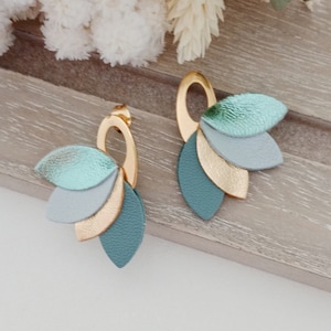 Grace genuine leather earrings - Mint leather, water green, gold - Women's jewelry, wedding ceremony, Mother's Day, witness - Agatiz