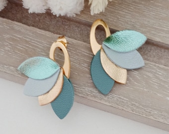 Grace genuine leather earrings - Mint leather, water green, gold - Women's jewelry, wedding ceremony, Mother's Day, witness - Agatiz