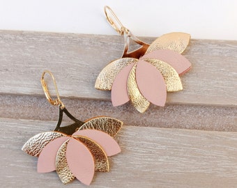 ESTHER - Genuine leather earrings - powder pink and gold leather - Gold plated - Mother's Day gifts, women's jewelry, wedding - Agatiz