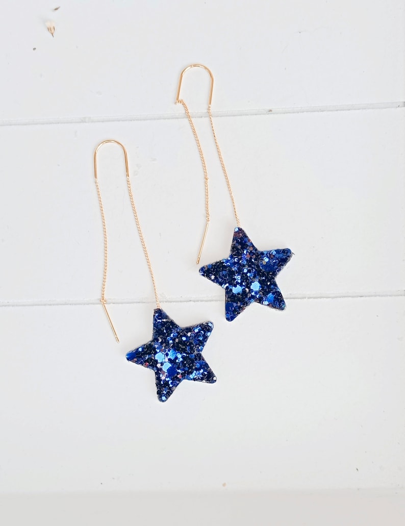 Star earrings with gold thread and blue glitter and gold leather Jewelry for women, wedding gifts, witness gifts, ceremonies Agatiz image 3