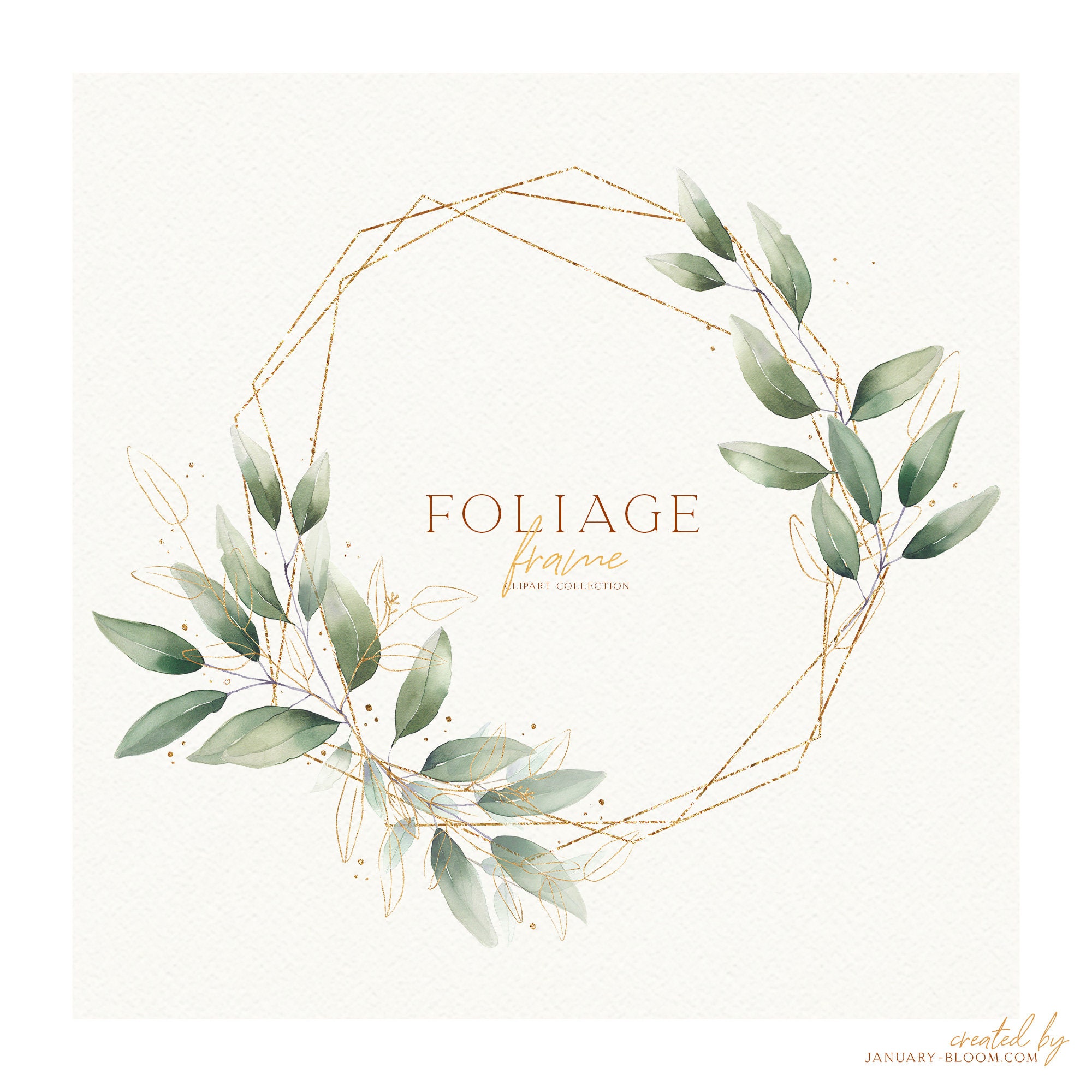 Watercolor Eucalyptus Foliage Green Golden Frame Wreath Delicate ...