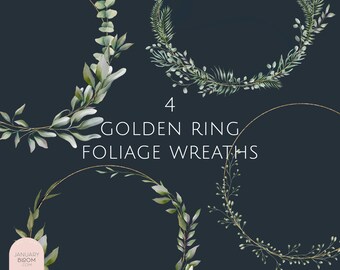watercolor foliage wreath golden ring eucalyptus digital delicate clipart illustration wedding modern greenery PNG hand drawn