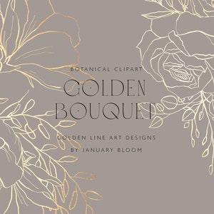 ファインアートの金箔フローラルラインアートクリップアート - 植物の花束の葉のクリップアート手描きのPNGスケッチロマンチックな金色の花