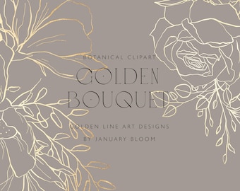 Fine Art gold foil Floral Line Art Clipart - Botanical Bouquet foliage clipart hand drawn PNG sketch romantic golden flowers