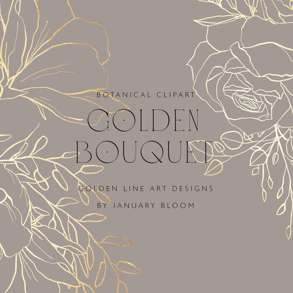 Fine Art gold foil Floral Line Art Clipart - Botanical Bouquet foliage clipart hand drawn PNG sketch romantic golden flowers