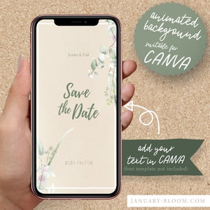 Op de afbeelding: Geanimeerde achtergrond voor Canva met een bloemenontwerp en de tekst "Save the Date" met de datum "2020/10/05".