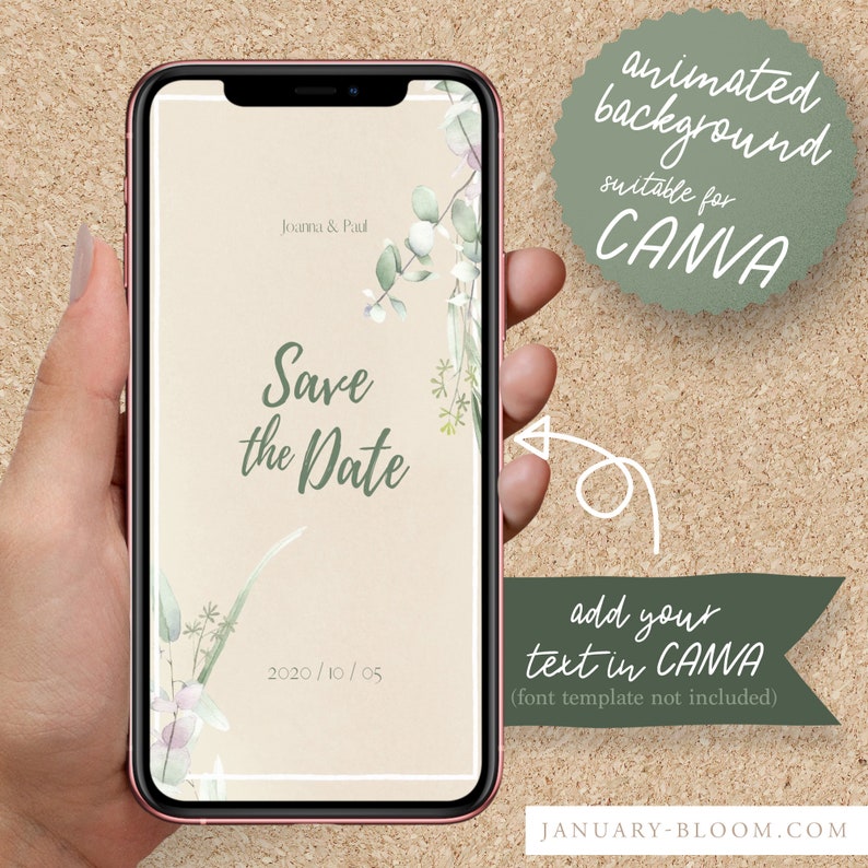 Op de afbeelding: Geanimeerde achtergrond voor Canva met een bloemenontwerp en de tekst "Save the Date" met de datum "2020/10/05".