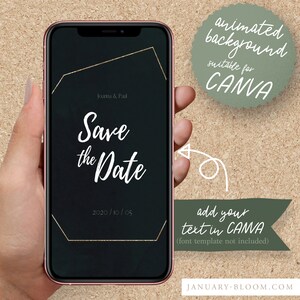 Może przedstawiać: Animowane tło do Canva z geometryczną złotą ramką i tekstem "Save the Date" w kolorze białym. Data "2020/10/05" r&oacute;wnież jest w kolorze białym.