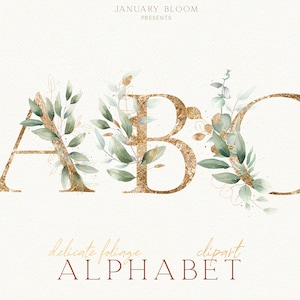 aquarel gebladerte ALFABET gouden eucalyptus digitale belettering clipart illustratie bruiloft moderne groen PNG