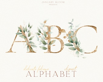 watercolor foliage ALPHABET gold eucalyptus digital lettering clipart illustration wedding modern greenery PNG