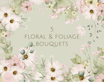 watercolor floral foliage soft pink blush digital bouquet wreath delicate clipart illustration wedding modern florist PNG hand drawn